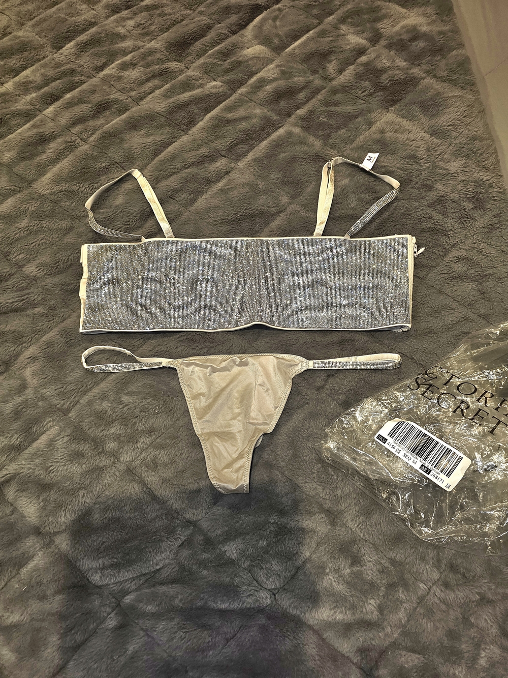 NWT Victoria's Secret Crystal Bandeau Crop Top & Thong Set -  Silver
